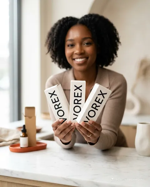 Skincare founder holding custom printed serum boxes