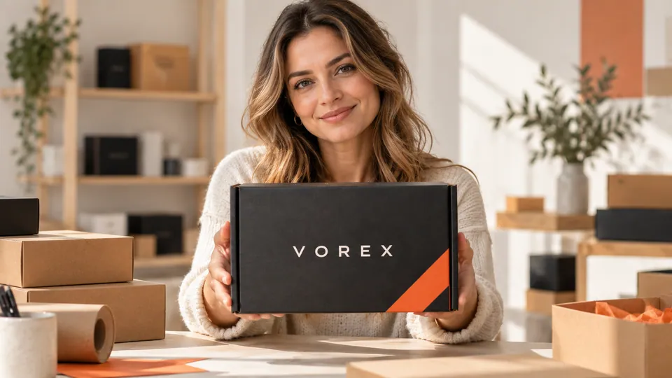 Small business founder holding a black Vorex custom mailer box
