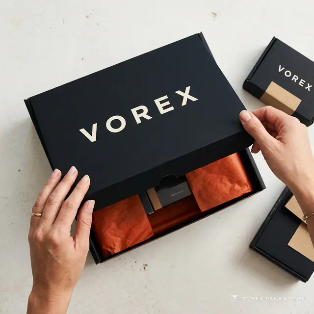 Hands opening a black custom mailer box with orange tissue paper